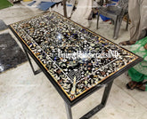 Black Marble Inlay Dining Table Top Handmade Semi Precious Stone Inlay Work PIETRA DURA Art Decor Unique Handicrafts IND